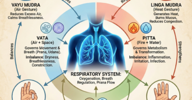 Diagram showing relationship between Hand Mudras, Tridosha (Vata, Pitta, Kapha) and Respiratory System