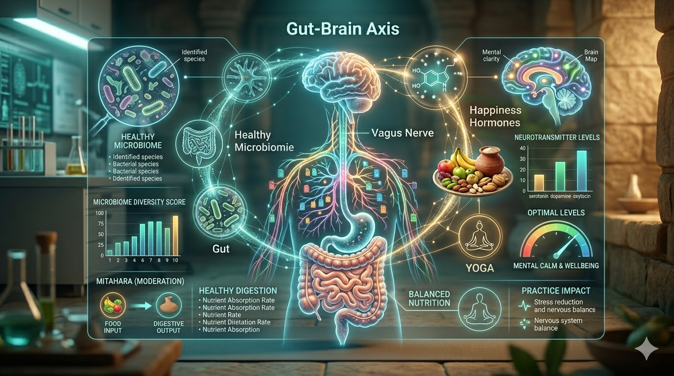 गट-ब्रेन एक्सिस और वेगस तंत्रिका (Vagus Nerve) का वैज्ञानिक डायग्राम
