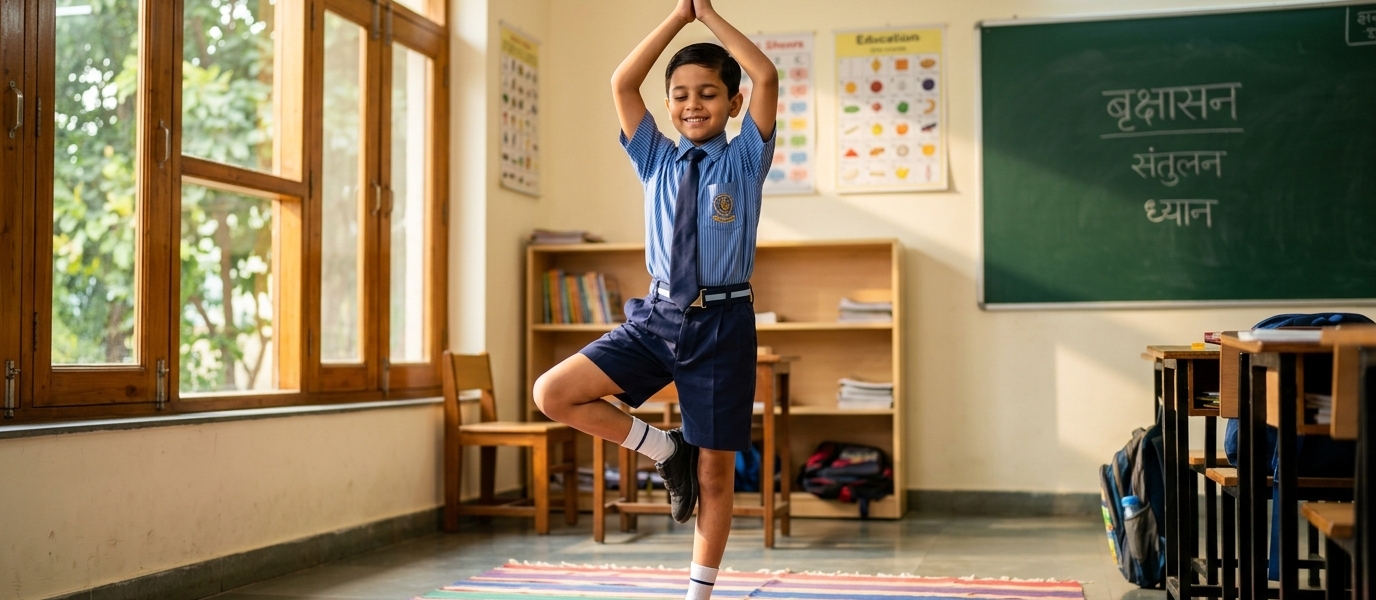 Student performing Vrikshasana in classroom