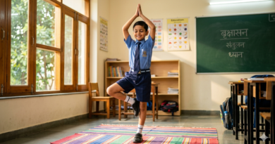 Student performing Vrikshasana in classroom