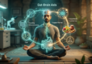 ध्यान मुद्रा में योग साधक जो मिताहार, सात्विक आहार और गट-ब्रेन एक्सिस (Gut-Brain Axis) के योगिक और वैज्ञानिक संबंध को दर्शा रहा है।
