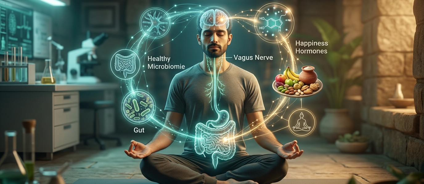 ध्यान मुद्रा में योग साधक जो मिताहार, सात्विक आहार और गट-ब्रेन एक्सिस (Gut-Brain Axis) के योगिक और वैज्ञानिक संबंध को दर्शा रहा है।