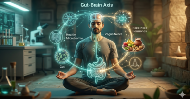 ध्यान मुद्रा में योग साधक जो मिताहार, सात्विक आहार और गट-ब्रेन एक्सिस (Gut-Brain Axis) के योगिक और वैज्ञानिक संबंध को दर्शा रहा है।