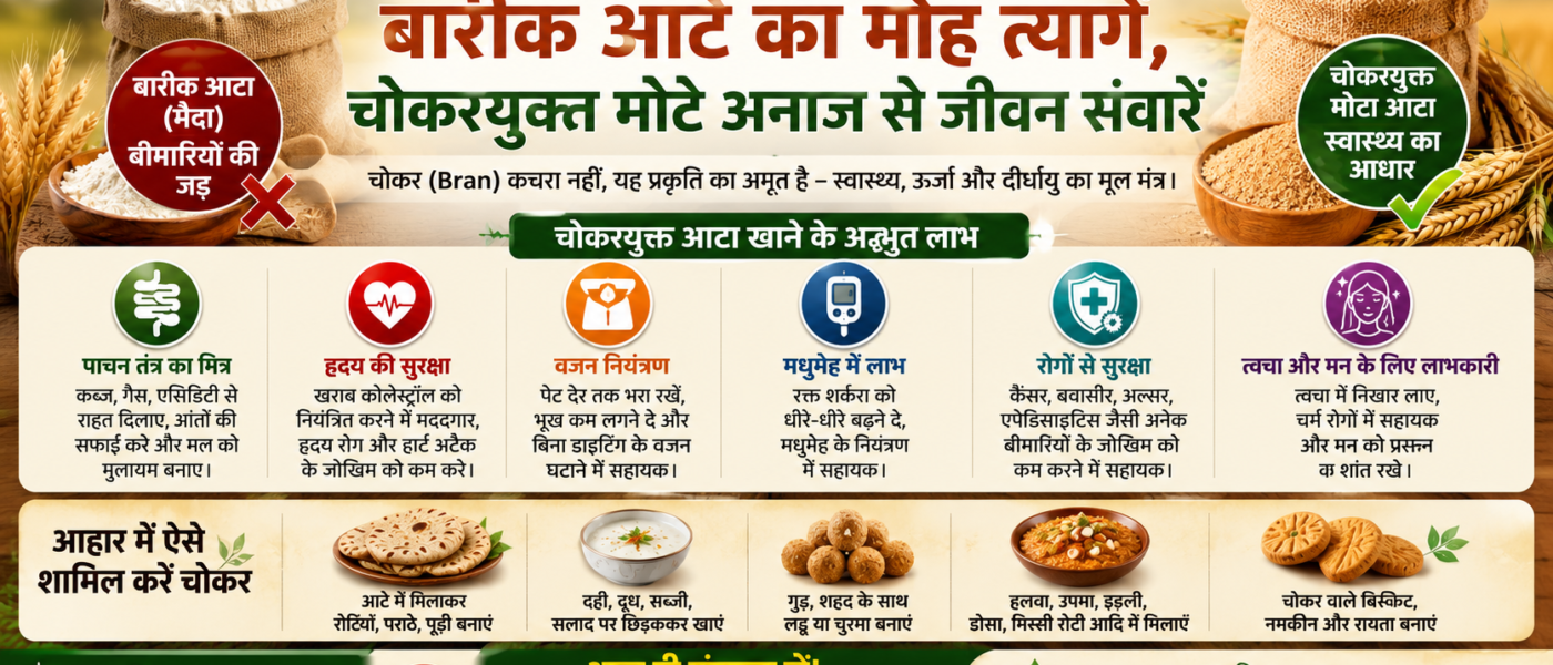 स्वास्थ्य का रक्षाकवच: बारीक आटे का मोह त्यागें, चोकरयुक्त मोटे अनाज से जीवन संवारें
