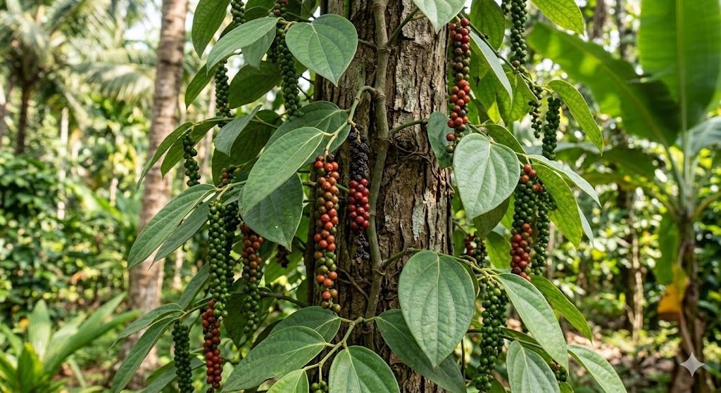 काली मिर्च की लता और फल (Piper nigrum vine)