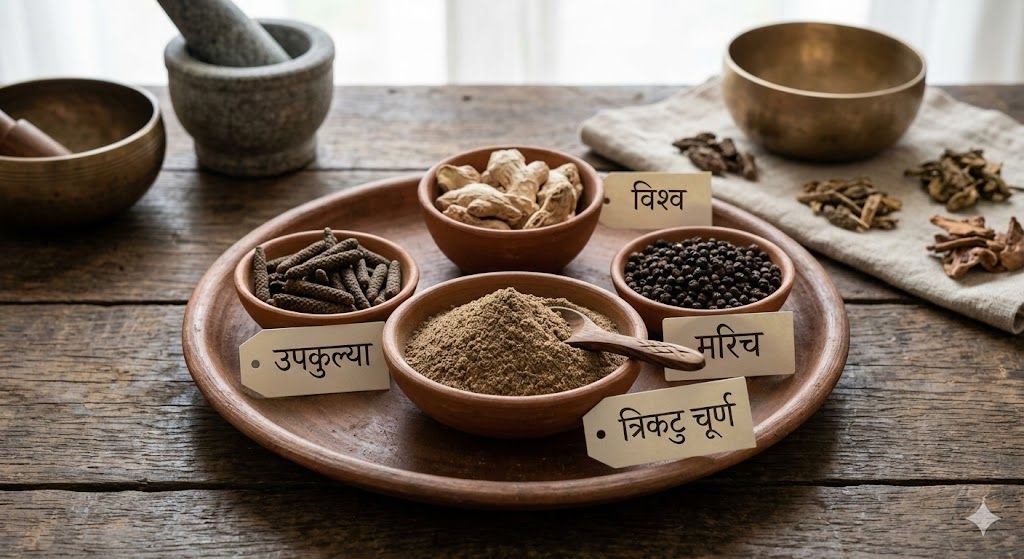 त्रिकटु चूर्ण के घटक - सोंठ, पिप्पली और काली मिर्च