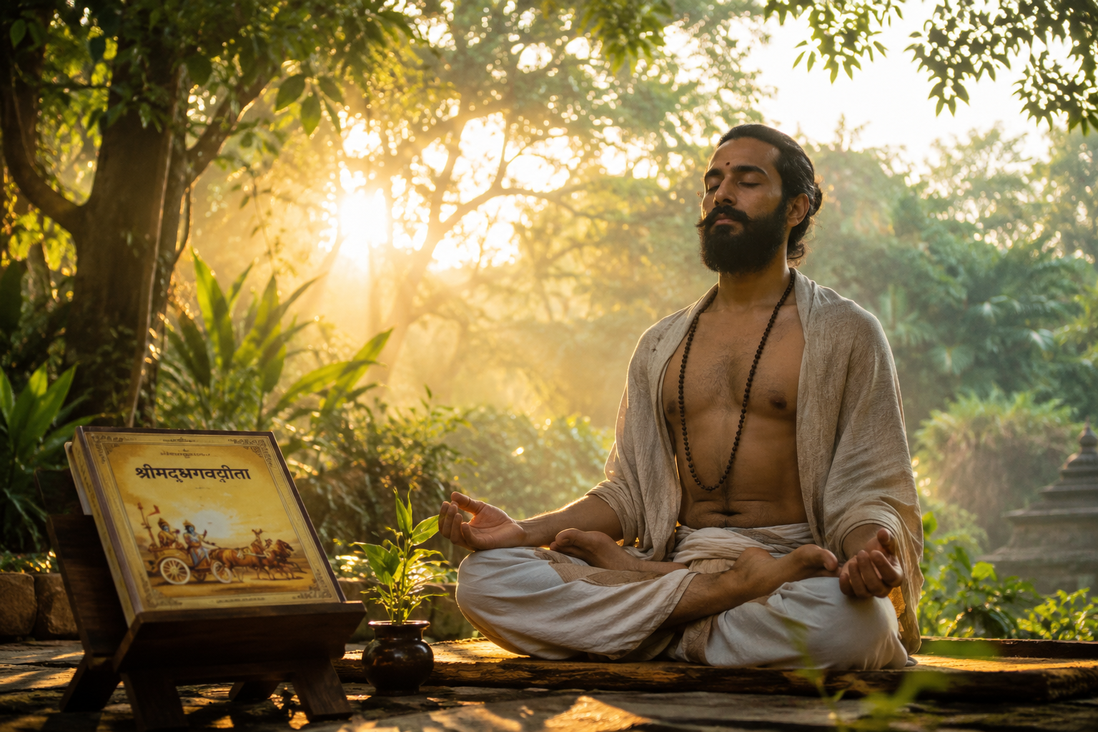 Yogi meditating in Padmasana lotus pose during sunrise
