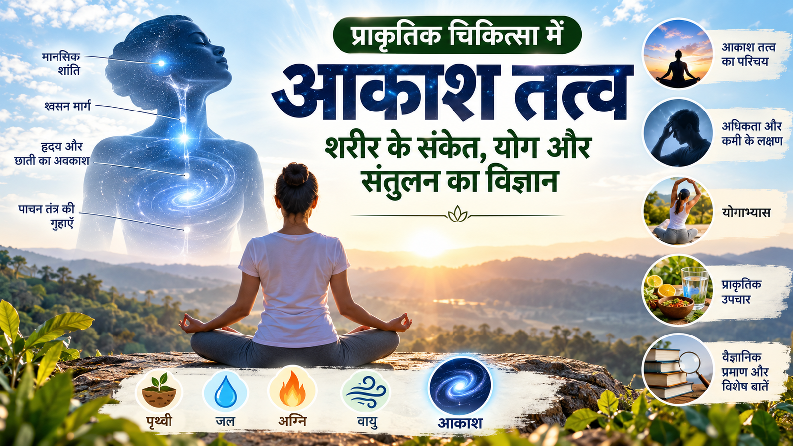 प्राकृतिक चिकित्सा में आकाश तत्त्व – शरीर के संकेत, योगाभ्यास, प्राकृतिक उपाय और वैज्ञानिक प्रमाण